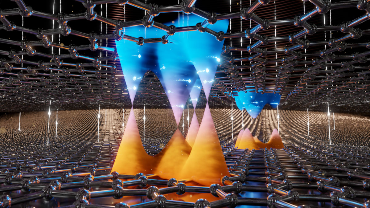 Artist’s representation of moving charges in naturally occurring bilayer graphene