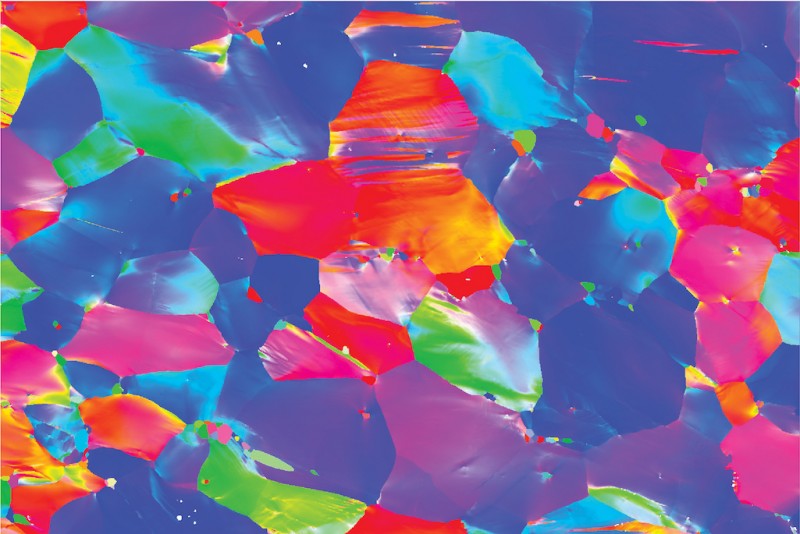 A map of the crystal structure of an alloy made with electron backscatter diffraction in a scanning electron microscope. Each color represents a section of the crystal where the repeating structure changes its 3D orientation.