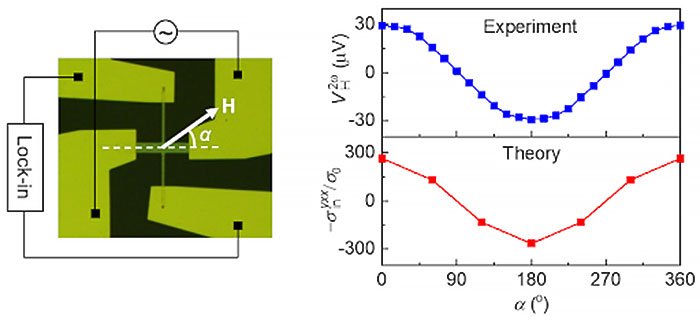 In a Hall bar device of Mn3Sn/Pt under a magnetic field H (left), the second-order Hall effect is obtained from the experiment and the theoretical modeling based on the quantum metric (right).