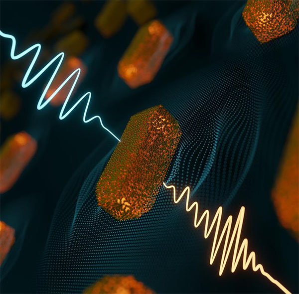 An ultra-short laser pulse (blue) excites plasmonic gold nanorods, which leads to characteristic changes in the transmitted electric field (yellow).