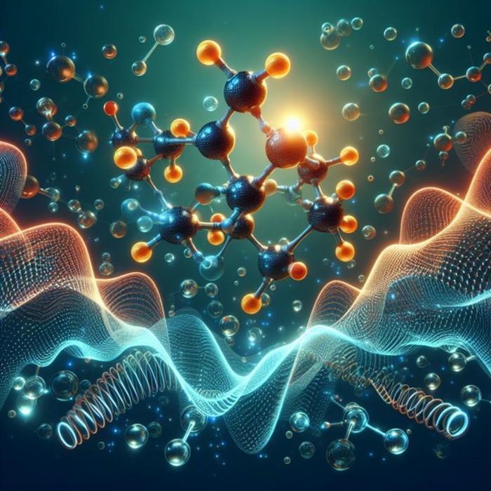 Artist’s illustration of an organic molecules light emission property modulated by quantum dance of the atoms