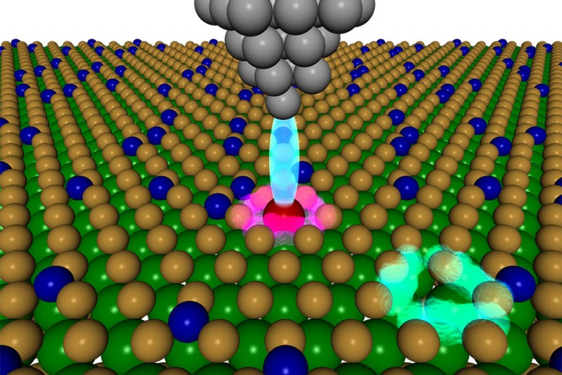 This image shows a cobalt defect fabricated in the sample. The green and yellow circles are tungsten and sulfur atoms that make up a 2D tungsten disulfide sample.