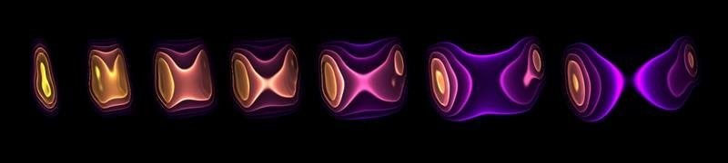 A snapshot of a computer simulation showing how energy density changes over time in the collision of a lead ion with a photon emitted by another lead ion