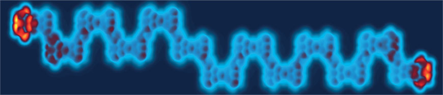 A scanning tunneling microscopy image shows the spin chain made of individual Clar's Goblets