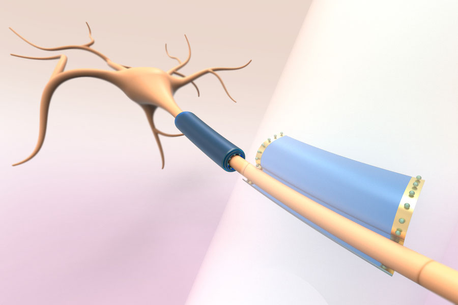 subcellular-sized devices, which are designed to gently wrap around different parts of neurons, such as axons and dendrites, without damaging the cells