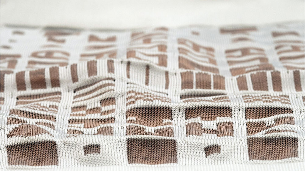 A test swatch showing a wide variety of antenna archetypes, all knit using the float-jacquard knitting technique