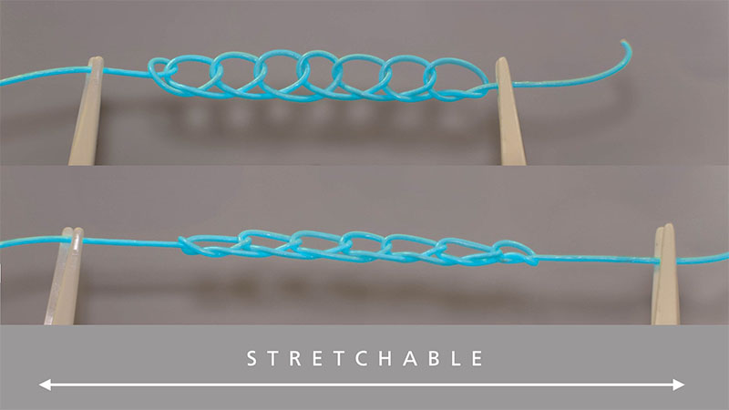The SHINE fibre can be stretched and knitted into a strap, demonstrating its ability for potential applications including smart textiles and soft robotics