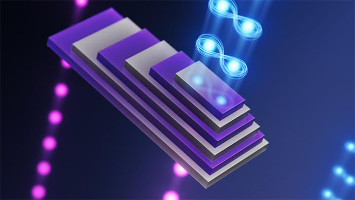 Schematic of entangled photons generated in a periodically poled stack of 3R-MoS2 crystals