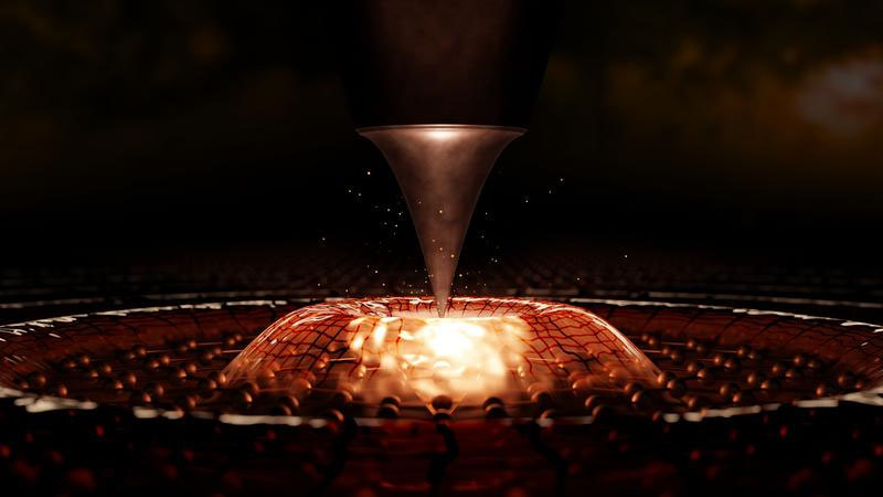 Artistic representation of a surface plasmon polariton wave (golden surface wave) generated beneath a sharp metal tip on an atomically thin graphene layer (hexagonal ball-and-stick model)