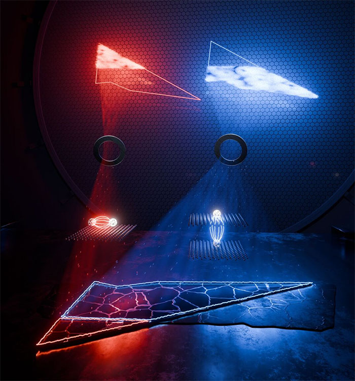 Artistic representation showing how the newly developed technique – Ultrafast Dark-field Momentum Microscopy – allows both bright excitons (shown in red) and dark excitons (shown in blue) to be analysed