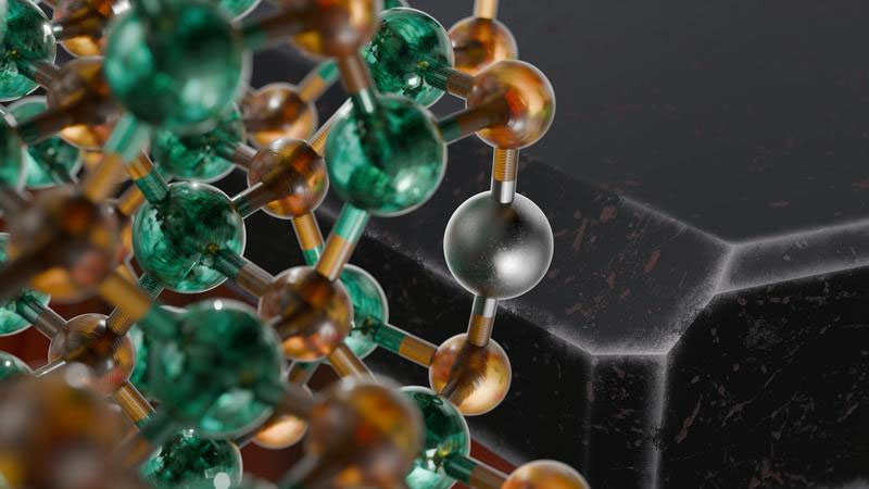 A section of the atomic structure of a cadmium selenide nanoparticle (left) with an incorporated foreign mercury atom; and an artistic representation of a highly magnified nanoplatelet with mercury defects at its active corners (right)