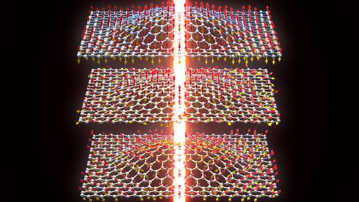 An illustation of nanodrums made of FePS₃, which is just a few atoms thick