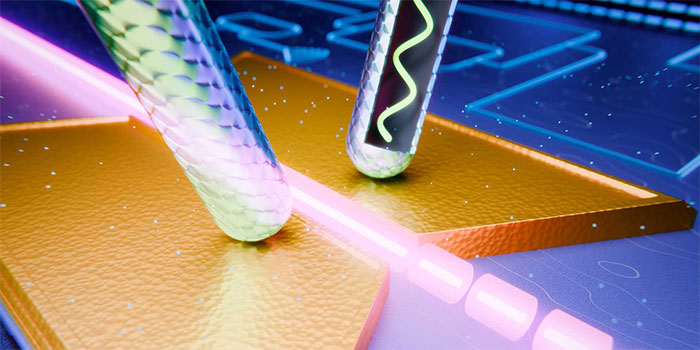 The modulator (in gold) transfers the information from an electrical wave to an optical one