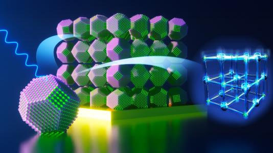 Artistic illustration of lead sulfide quantum dots as they undergo structural changes when exposed to light, with lead atoms temporarily shifting to a new position