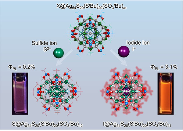Schematic representation of the silver clusters with encapsulated S2− and I− anions, illustrating the impact of the heavy atom effect on phosphorescence quantum yield