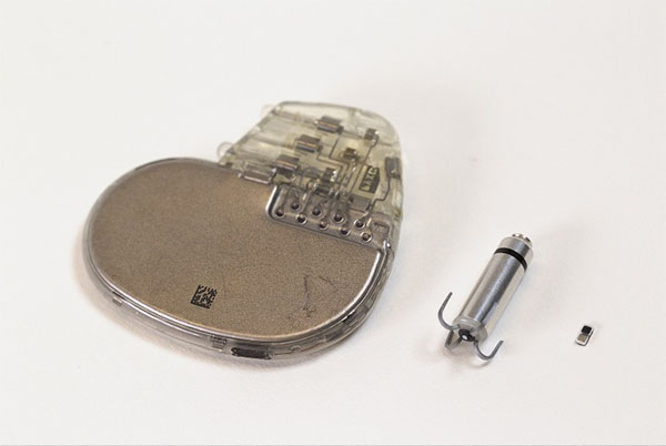 From left, a traditional pacemaker, a leadless pacemaker and the smallest pacemaker