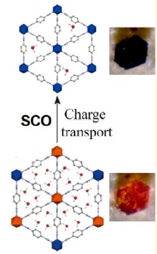 Schematic showing the spin crossover (SCO) transition in MOF crystals and its effect on charge transport. The color change from red to black reflects the switchable electronic state of the material.