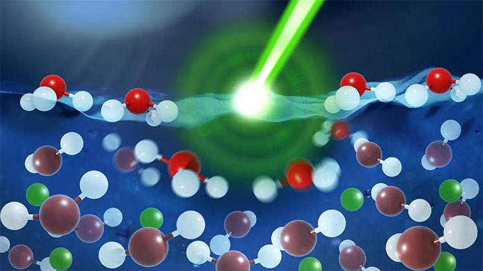 A strong laser pulse heats up a surface and disturbs the electrical double layer formed by positive H3O+ (three white hydrogen atoms attached to one red oxygen) at the surface and negative (Cl-, green balls) ions right below the surface of water
