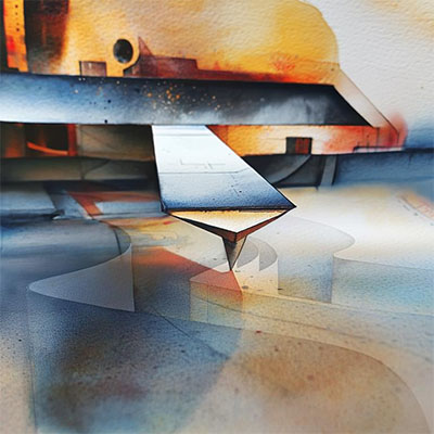 This artist's rendering depicts a cantilever's sharp tip in an atomic force microscope scanning a material's surface to measure domain wall movement