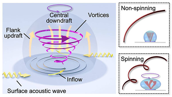 creating ultrasound waves on the surface of a piezoelectric substrate to induce spin in a liquid droplet