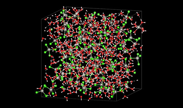 model of how zinc and chloride ions (gray and green spheres) at different concentrations would interact with and move through water (oxygen and hydrogen represented by red and white spheres) in an aqueous battery electrolyte
