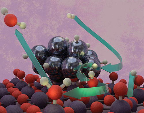 Artistic depiction of a tungsten trioxide (WO3) surface (purple/red) “decorated” with a platinum nanocluster (metallic gray)
