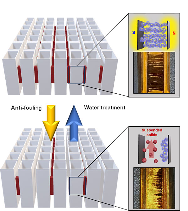 Magnet-based nanomaterial control devices can enhance water treatment capacity thorough scalable modular design by connecting multiple pipes with magnets attached