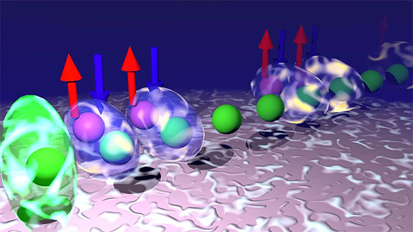 Illustration of a new strategy to create materials with robust quantum properties, by harnessing magnetic interactions (represented by the red and blue arrows)
