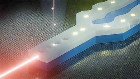 Artistic depiction of a single erbium ion being implanted into a silicon-based optical nanocavity