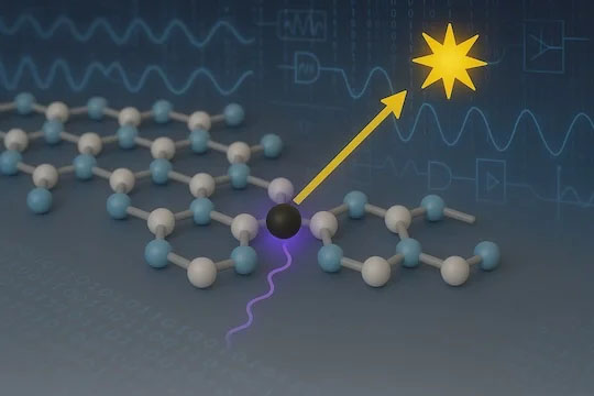 Schematic represents a carbon defect in the h-BN lattice functioning as single-photon emitter