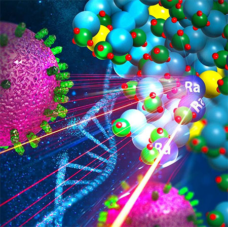 Artists’ depiction of a new potential cancer treatment vehicle—an engineered nanometer-size construct that holds a radioactive isotope that can be delivered to destroy cancer cells