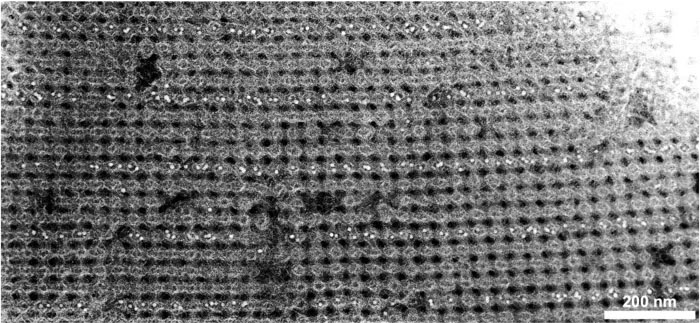 Electron microscopy image of a 3D nanoparticle assembled using DNA-programmable bonds
