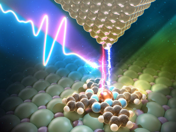 using the gold tip of a scanning tunneling microscope (inverted pyramid) and a terahertz pulse (white squiggle) to create an exciton in a single molecule (X-shaped structure)