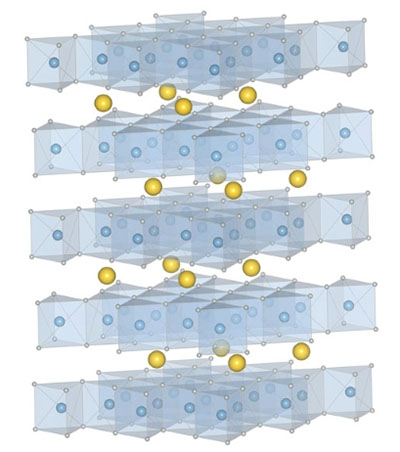 The chemical structure of the compensated antiferromagnet. Gold spheres represent cobalt atoms, blue spheres are niobium atoms, and gray spheres are sulfur atoms.