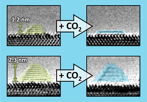 transmission electron microscopy images showing how the size of catalytic nanoparticles determines their shape and structure as they convert carbon dioxide into useful fuel