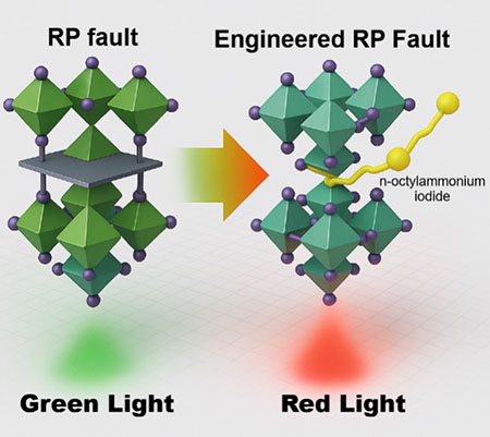 Researchers engineered a specific type of crystal defect in perovskite nanocrystals, known as a Ruddlesden–Popper fault, by adding n-octylammonium iodide. This modification changes the material’s composition from bromine-rich to iodine-rich, shifting its light emission from green to red and boosting brightness for use in flexible LEDs.