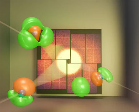 An illustration of X-rays scattering off the valence electrons surrounding ammonia molecules (orange and green shapes) and getting captured on a detector (background)