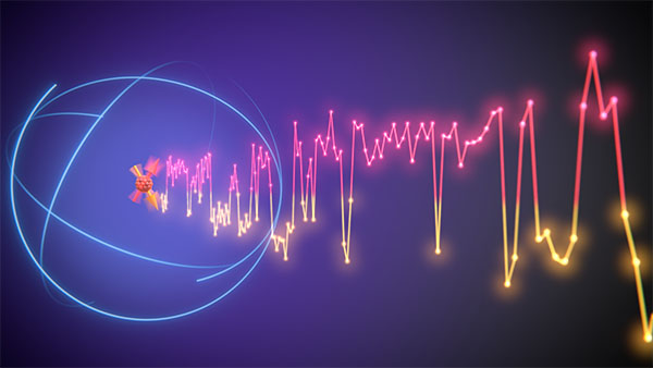 Artist impression, based on actual measurement data, of the nuclear spin of an atom flipping between distinct quantum states