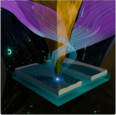 Artistic illustration of exotic light waves known as Dirac plasmon polaritons traveling across nanoscale antennas in a topological insulator, guided and probed at terahertz frequencies.