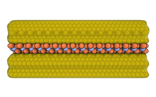 A visualization of an atom-thin crystal sandwiched between electrodes