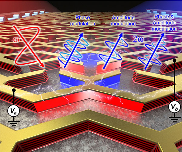 Conceptual illustration of complex-amplitude-controllable nonlinear polaritonic metasurface