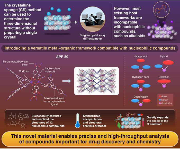 This infographic describes the novel APF-80 metal–organic framework, which enables the structural analysis of nucleophilic compounds using diffraction-based techniques
