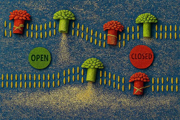 A represenation of a cell membrane (rice) with nanopores (broccoli) releasing ions (seeds).