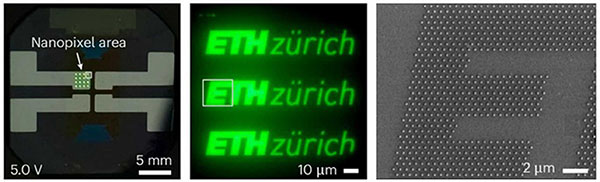 A pixel array of organic nano light-emitting diodes displays the ETH logo with a resolution of 50,000 pixels per inch