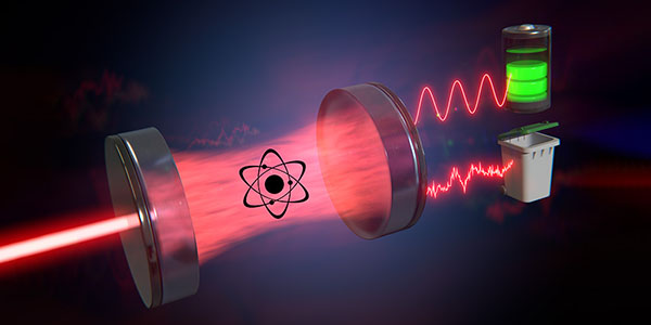 When laser light passes through a cavity filled with atoms, part of it can do useful work (for instance, charge a quantum battery, top), whereas the other part turns into heat (bottom)