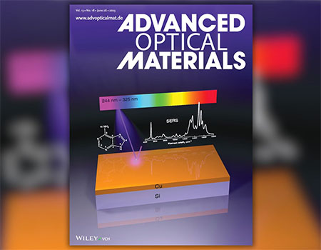  a silicon platform covered with copper nanoparticles is shown being illuminated by UV light. Above it, the structure of adenine and the resulting SERS signal appear. Every molecule has its own set of peaks in the spectrum, each corresponding to a vibration