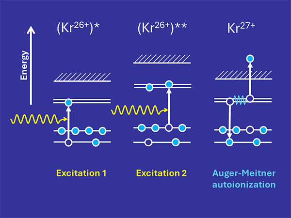 Sketch of the ultrafast double resonance ionization of highly charged krypton: Sequential absorption of two X-ray photons creates a doubly excited state which then decays via autoionization