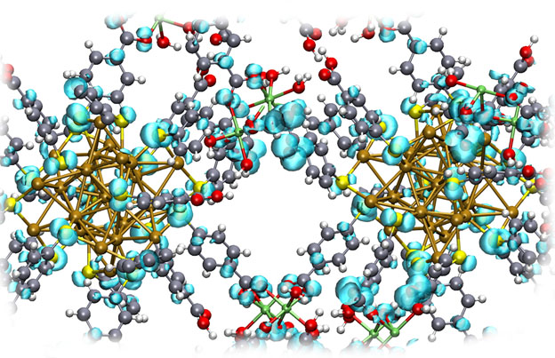 An illustration of material where gold nanoclusters are connected using magnesium ions