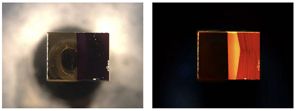 diamond sample containing a NsH-C0 defect, with regions of different coloration which indicates varying defect content & under UV illumination