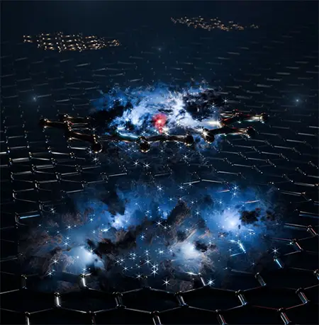 Artistic representation of the hybrid exciton wavefunction, with the electron shown in red and the hole distribution shown as a blue cloud